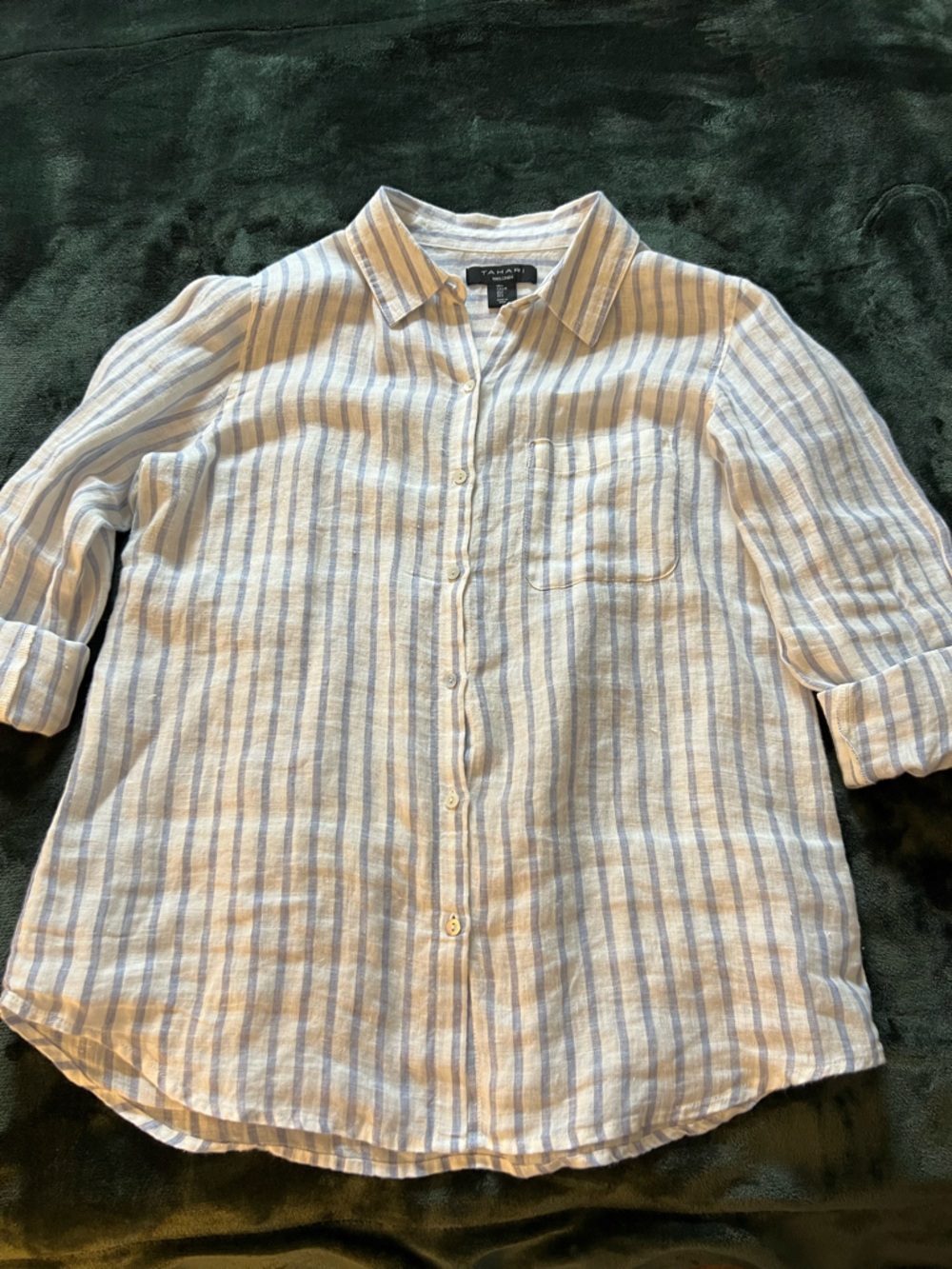 Tahari Blue and White Striped Linen -Pearl buttons-the perfect shirt for summer-